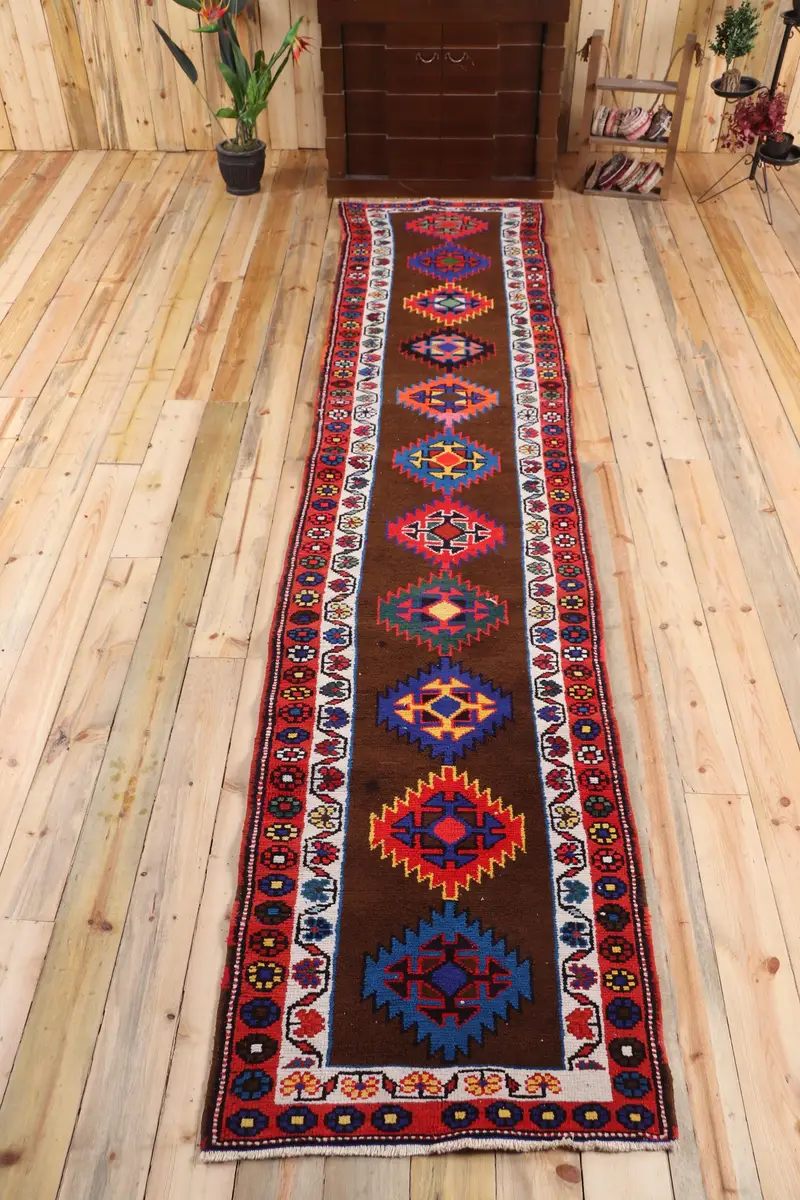Vintage Türk Halısı, 2.7x12.9 ft Herki Halı, Kahverengi Mavi Çiçekli Yün Halı - 1