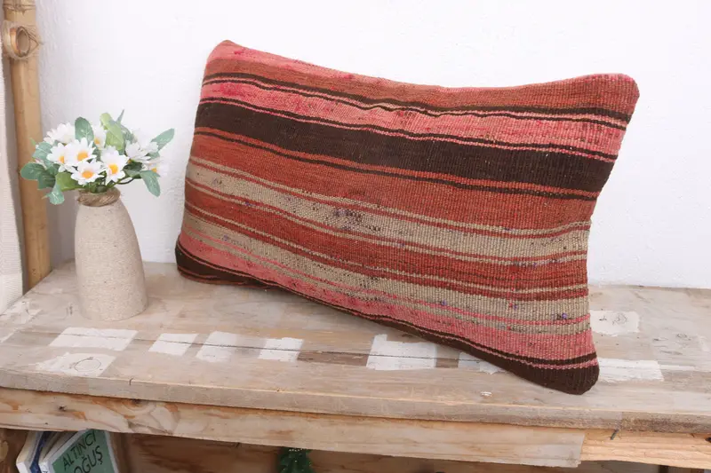 Cushion, Handmade Kilim Cushion, Outdoor Throw Cushion Case, Throw Kilim Pillow, Kilim Pillow Cover, 12x20 Red Pillow Case, Ikat Pillow Case - 4