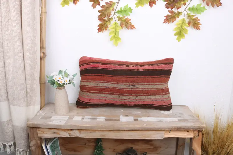 Cushion, Handmade Kilim Cushion, Outdoor Throw Cushion Case, Throw Kilim Pillow, Kilim Pillow Cover, 12x20 Red Pillow Case, Ikat Pillow Case - 1