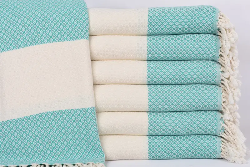 Beach Towel, 70x36 Inches, Benetton Green Diamond, Natural Linen