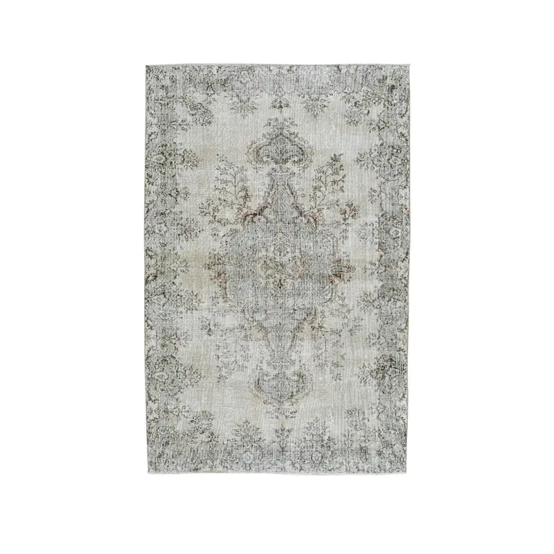 Turkish Vintage Rug, 5.9x9.2 ft Oushak Rug, Gray White Floral Wool Rug - 1