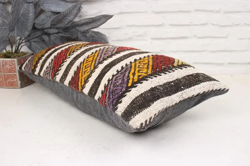 Ikat Pillow Case, Seat Pillow, Cushion Case, Ethnical Kilim Rug Pillow, Pillow for Couch, Turkish Kilim Pillow, 12x24 White Pillow Case - 6