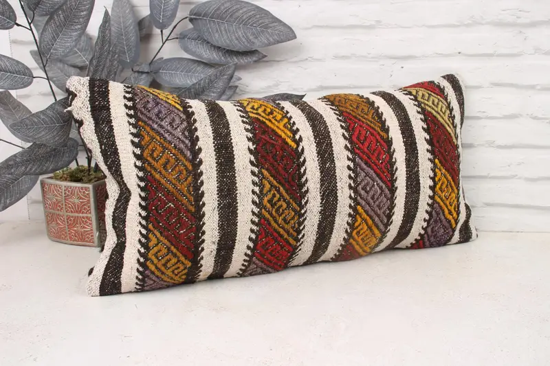 Ikat Pillow Case, Seat Pillow, Cushion Case, Ethnical Kilim Rug Pillow, Pillow for Couch, Turkish Kilim Pillow, 12x24 White Pillow Case - 3