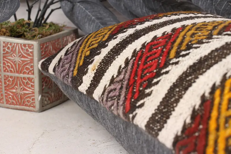 Ikat Pillow Case, Seat Pillow, Cushion Case, Ethnical Kilim Rug Pillow, Pillow for Couch, Turkish Kilim Pillow, 12x24 White Pillow Case - 7
