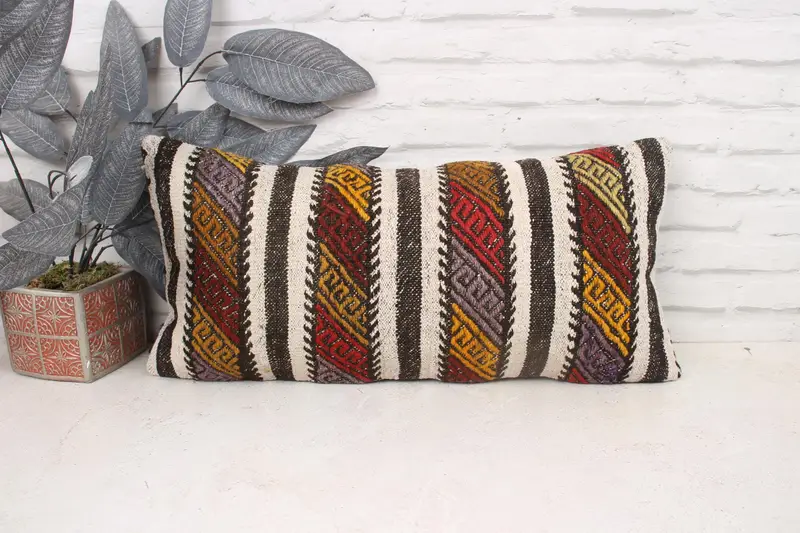 Ikat Pillow Case, Seat Pillow, Cushion Case, Ethnical Kilim Rug Pillow, Pillow for Couch, Turkish Kilim Pillow, 12x24 White Pillow Case - 1