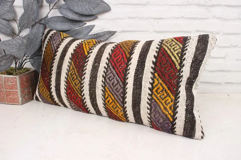 Ikat Pillow Case, Seat Pillow, Cushion Case, Ethnical Kilim Rug Pillow, Pillow for Couch, Turkish Kilim Pillow, 12x24 White Pillow Case - 4