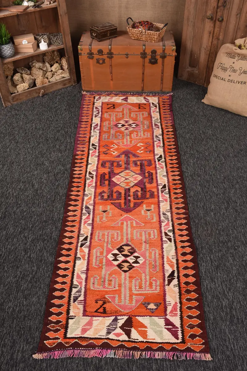 3x8.9 ft Türk Halısı, Runner Vintage Halı, Turuncu Kareli Halı - 1