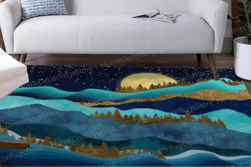 Luxury Printed Rug: Mountain Landscape & Full Moon Design