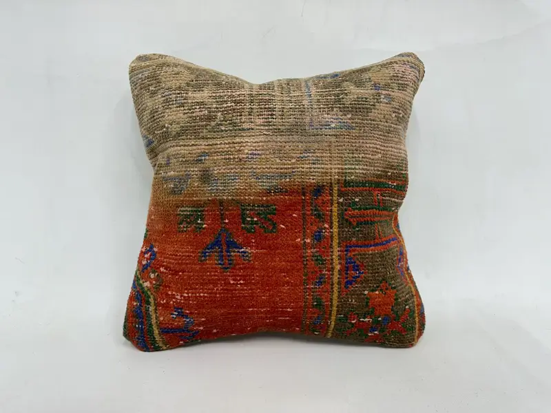 Muted Cushion, Pillow for Sofa, Interior Designer Pillow, 18x18 Orange Pillow Case, Pillow Cover, Ethnical Kilim Rug Pillow, Chair Pillow Sham - 1