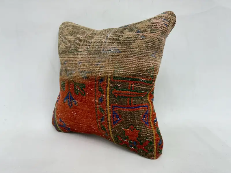 Muted Cushion, Pillow for Sofa, Interior Designer Pillow, 18x18 Orange Pillow Case, Pillow Cover, Ethnical Kilim Rug Pillow, Chair Pillow Sham - 4
