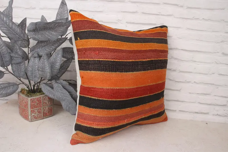 Authentic Pillow Case, 20x20 Orange Cushion Case, Pillow Sham, One Of A Kind Cushion Cover, Home Decor Pillow, Kilim Cushion Sham, Turkish Pillow - 3