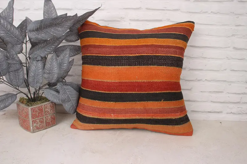 Authentic Pillow Case, 20x20 Orange Cushion Case, Pillow Sham, One Of A Kind Cushion Cover, Home Decor Pillow, Kilim Cushion Sham, Turkish Pillow - 1