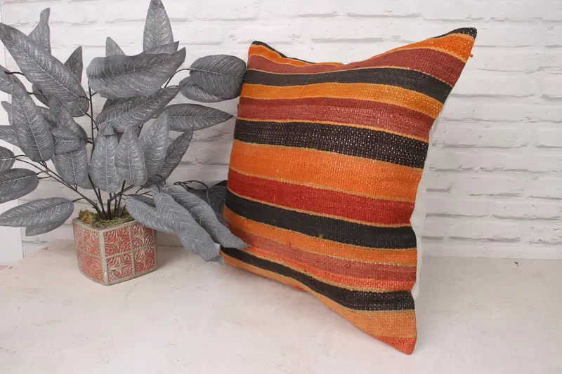Authentic Pillow Case, 20x20 Orange Cushion Case, Pillow Sham, One Of A Kind Cushion Cover, Home Decor Pillow, Kilim Cushion Sham, Turkish Pillow - 4