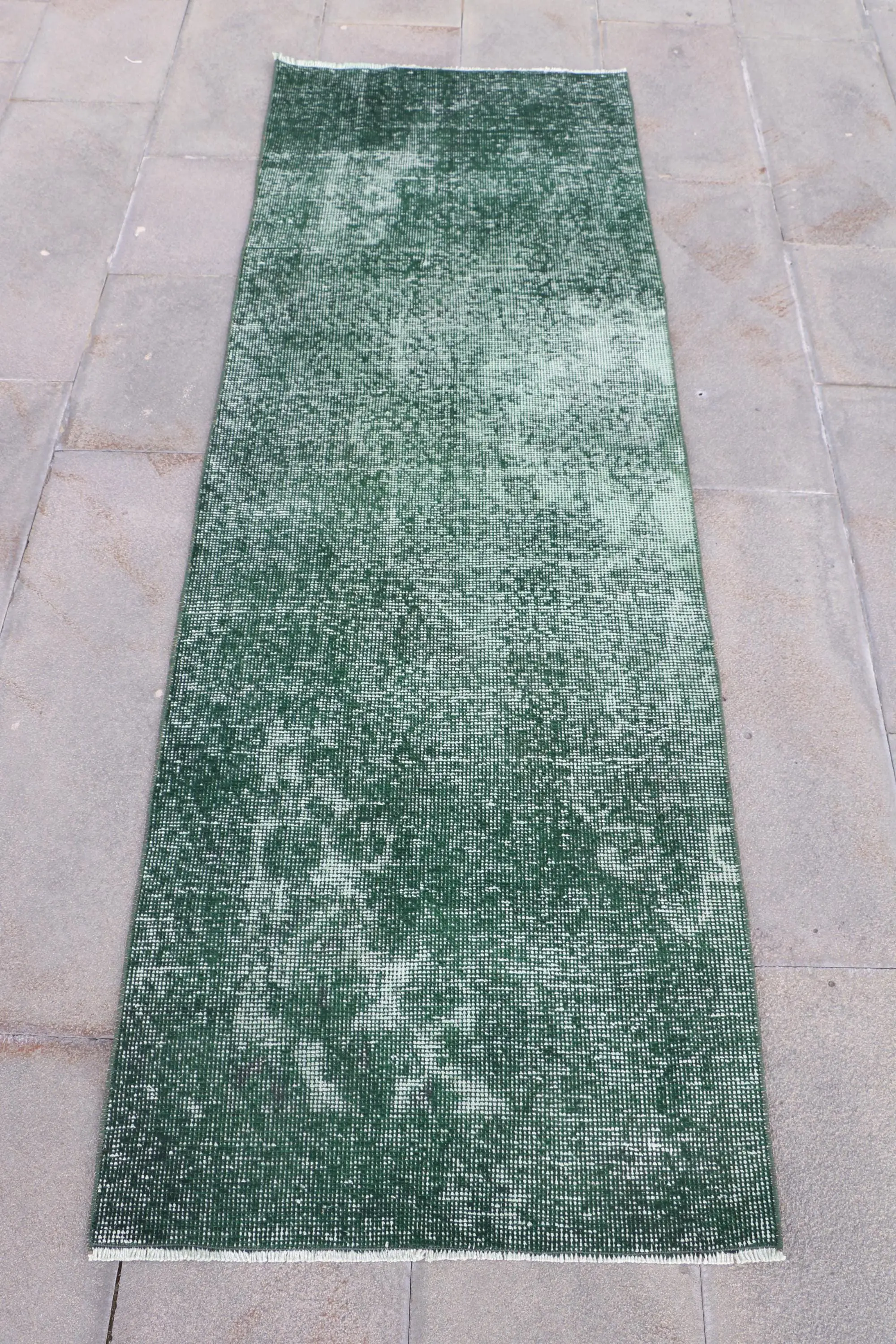 2.4x7.3 ft Vintage Turkish Rug, Runner Rug, Green White Moroccan Wool Rug - 1