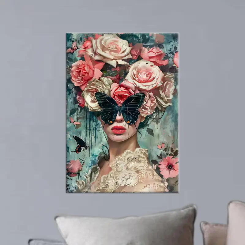 Eleganter Schmetterlings- und Blumenfrau-Leinwanddruck – lebendiges Dekor