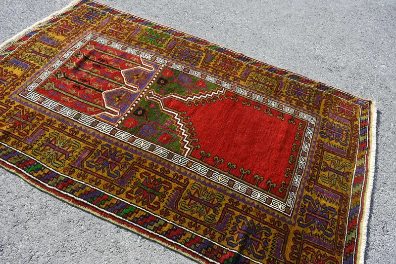 4.4x7 ft Turkish Rug, Vintage Area Rug, Red Yellow Bordered Rug - 1