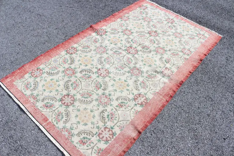 3.9x6.6 ft Halı, Vintage Oushak Halı, Türk Kırmızı Yün Patchwork Halı - 1
