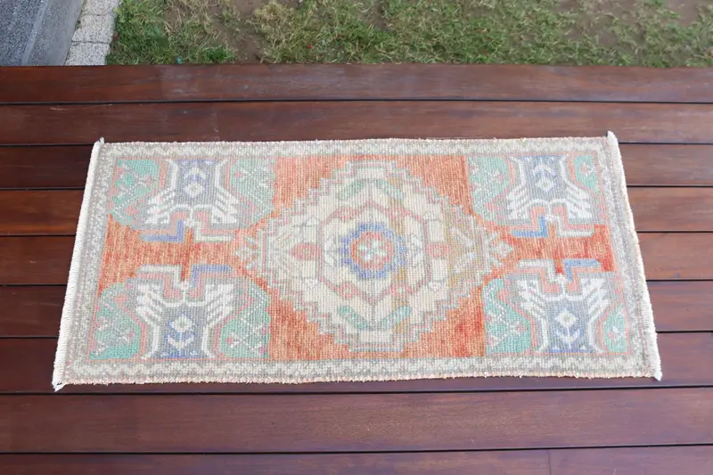 Alfombra turca de 1,5x3,1 pies, alfombra pequeña vintage, alfombra de lana abstracta naranja - 1