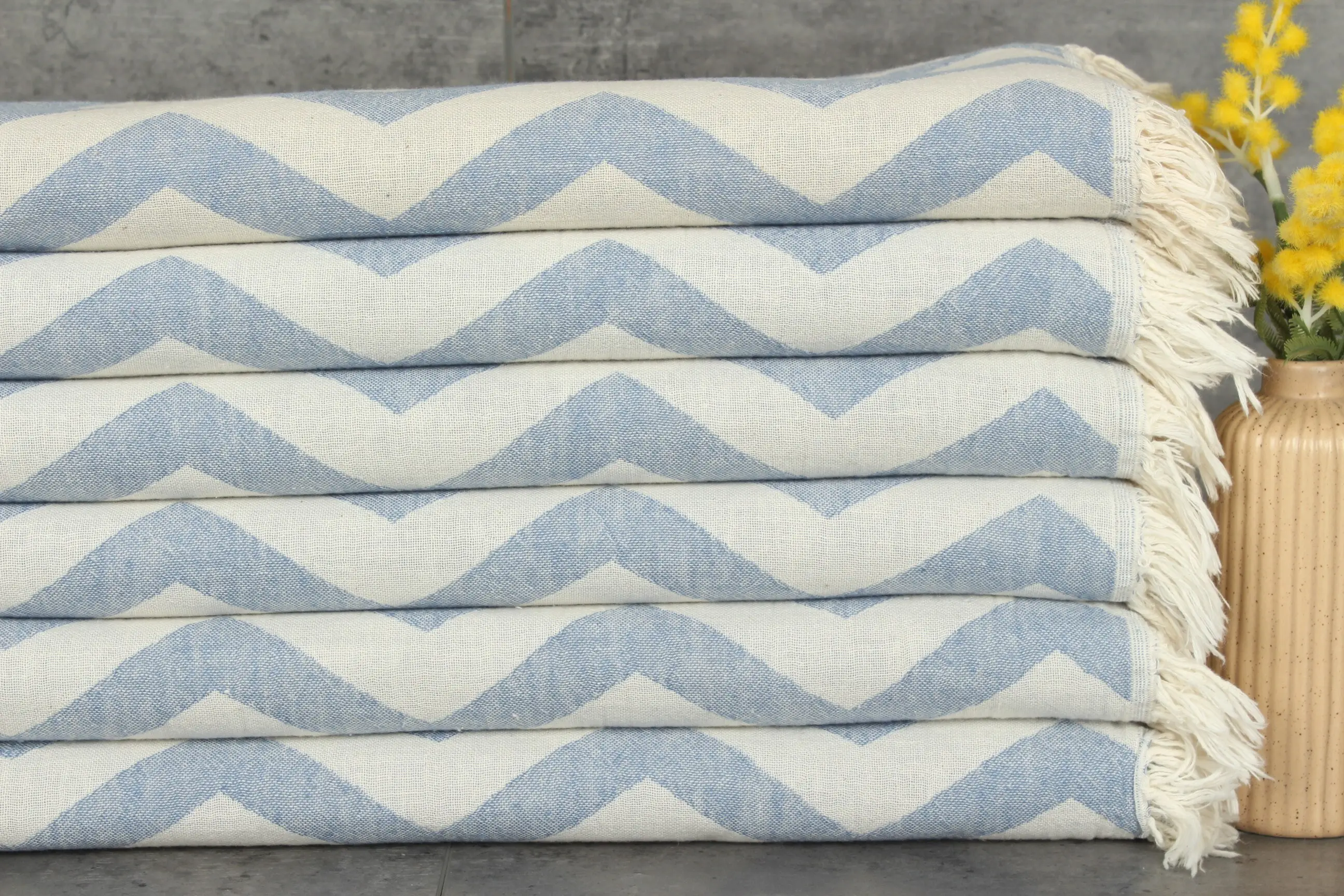 Monogram Hand Towel Zigzag Design Blue Cotton, 24x40 Inches - 1
