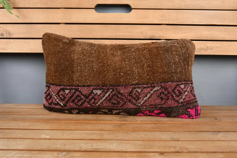Turkish Kilim Pillow, 12x24 Brown Pillow, Cushion Case, Boho Pillow Sham Cover, Nomadic Pillow Cover, Vintage Kilim Pillow, Traditional Pillow Sham - 6