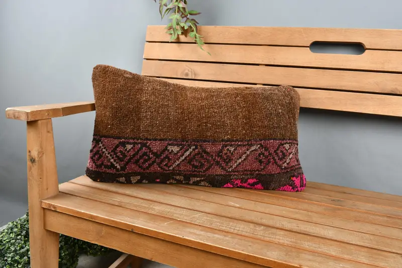 Turkish Kilim Pillow, 12x24 Brown Pillow, Cushion Case, Boho Pillow Sham Cover, Nomadic Pillow Cover, Vintage Kilim Pillow, Traditional Pillow Sham - 1