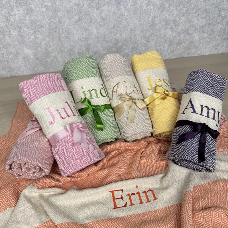 Custom Beach Towel Organic Cotton Beige Diamond Weave, 70x40 Inches