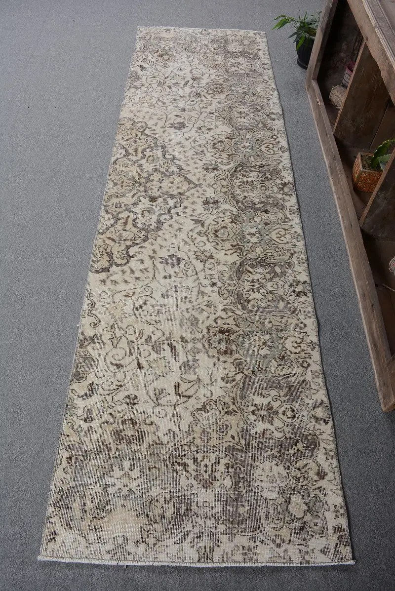Turkish Runner Rug 2.7x9.1 ft (81x277 cm), Vintage Brown Polka dot Rug - 1