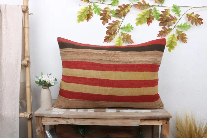 Rot & Beige gestreiftes Wurfkissen, 20x28 handgemachtes Kissen