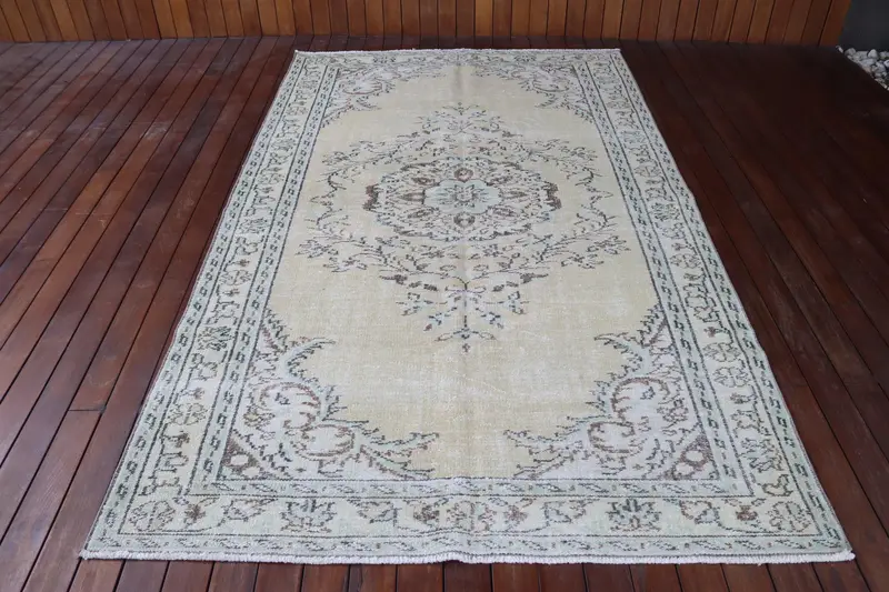 5.2x9 ft Vintage Türk Halısı, Büyük Halı, Oushak Beyaz Yün Halı - 1