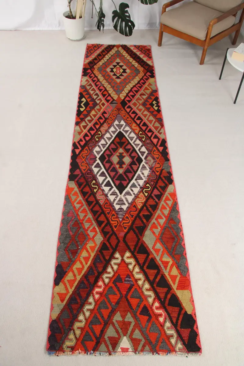 Kelim Vintage Teppich, 2,8x11,5 ft türkischer Teppich, roter Ikat-Wollteppich - 1