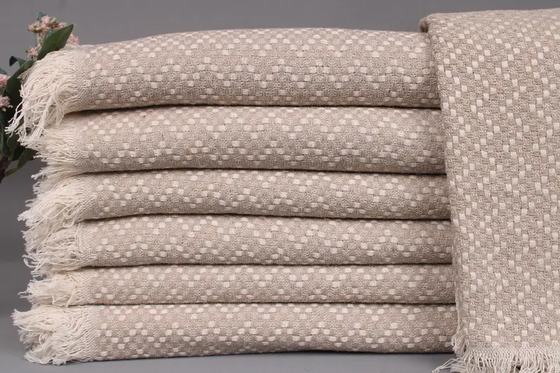 Handwoven Beige Herringbone Throw Blanket, 67x77 Inches