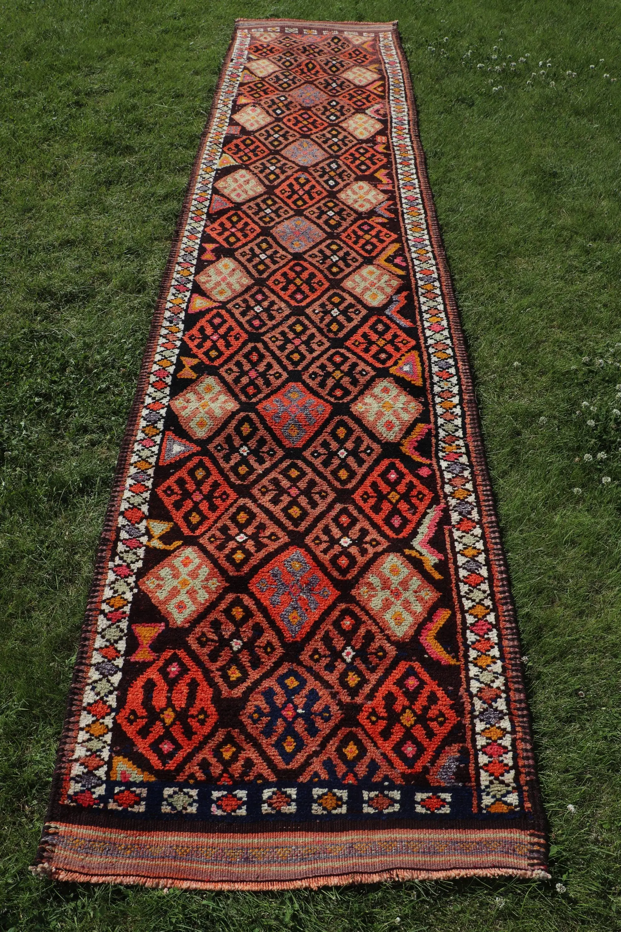 Turkish Herki Rug 2.9x14.1 ft, Red Blue Animal Print Wool Vintage Rug - 1