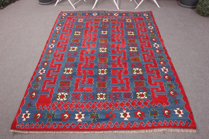 Handmade Blue & Red Camouflage Rug, 4,7x6,7 ft