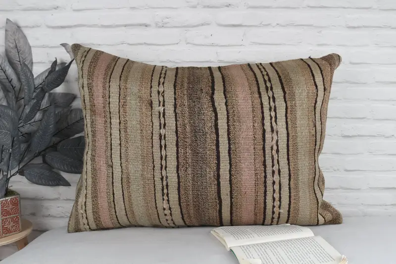 Vintage Kilim Pillow, Boho Pillow Sham Cover, Pillow Case, Natural Pillow Case, Rustic Pillow Case, Home Decor Pillow, 20x28 Brown Cushion Case - 2