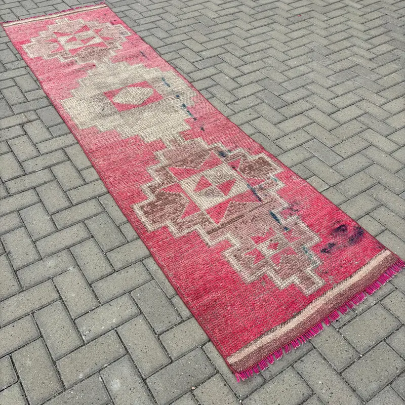 2.6x10 ft Halı, Vintage Türk Halısı, Kırmızı Herki Yün Halı - 1