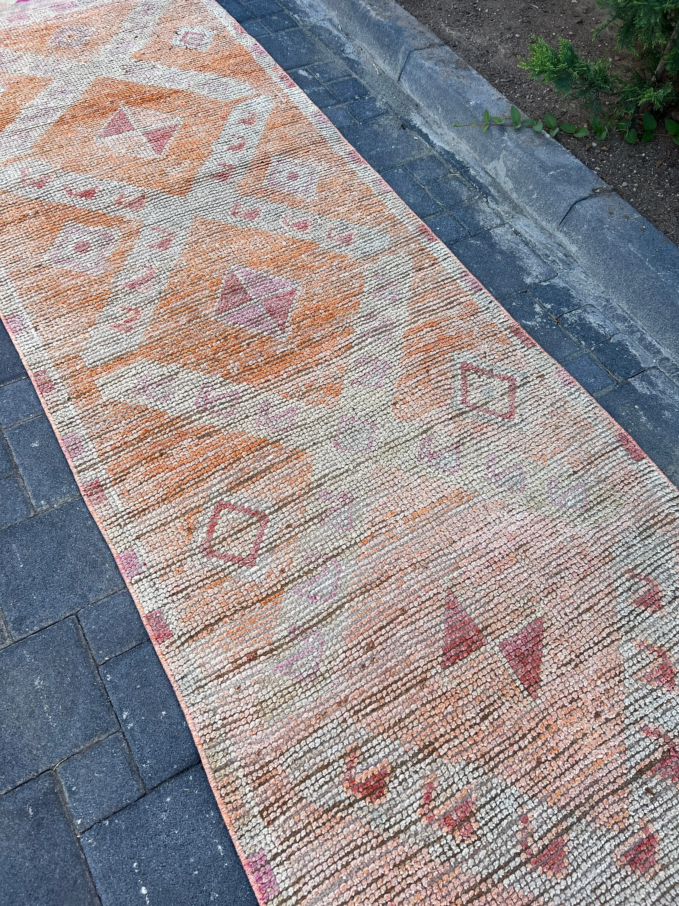 Turkish Runner Rug 3.1x11.5 ft, Orange Pink Floral Rug Wool - 1