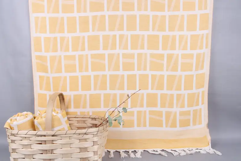 Turkish Towel Embroidered Beach Towel Dark Yellow Patterned, 34x69 Inches