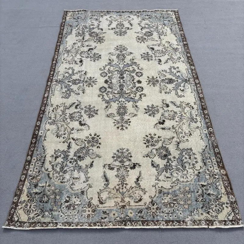 Türk Vintage Halısı, 5.7x9.8 ft Büyük Halı, Mavi Gri Masif Yün Halı - 1