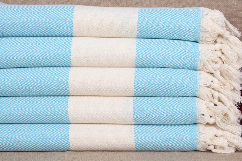 Turkish Beach Towel Organic Cotton Turquoise Chevron, Beige, 40x71 Inches