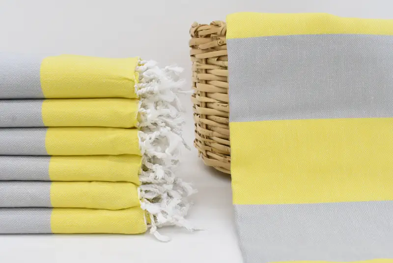 Handmade Turkish Yellow-Gray Striped Organic Cotton Towel, 70x40 Inches
