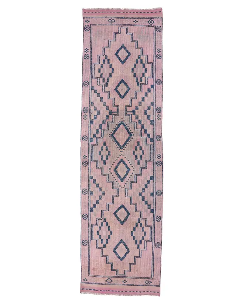 Pembe ve Mavi Çiçekli Halı, 3,2x11,5 ft Zarif Dekor