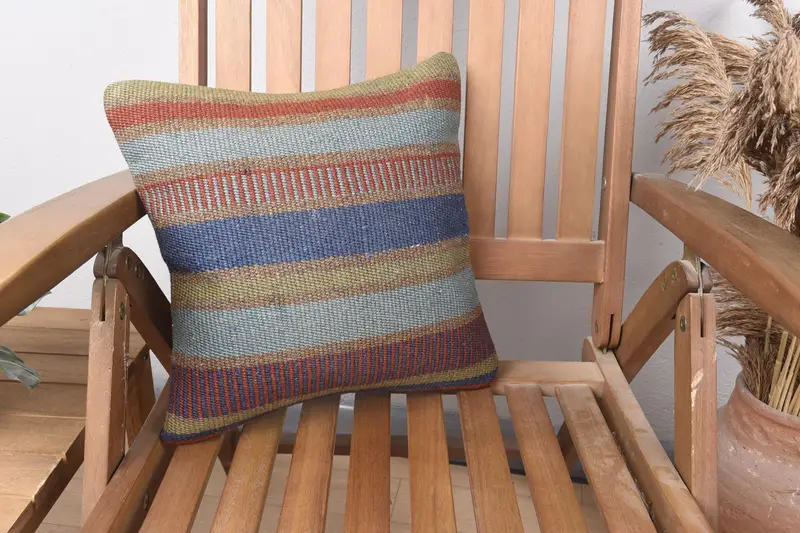 Couch Pillow, Sustainable Cushion, Kilim Pillow Cover, Turkish Pillow, Traditional Cushion Case, 14x14 Blue Cushion Cover, Boho Pillow, Pillow Sham - 1