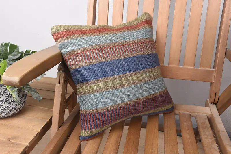 Couch Pillow, Sustainable Cushion, Kilim Pillow Cover, Turkish Pillow, Traditional Cushion Case, 14x14 Blue Cushion Cover, Boho Pillow, Pillow Sham - 2