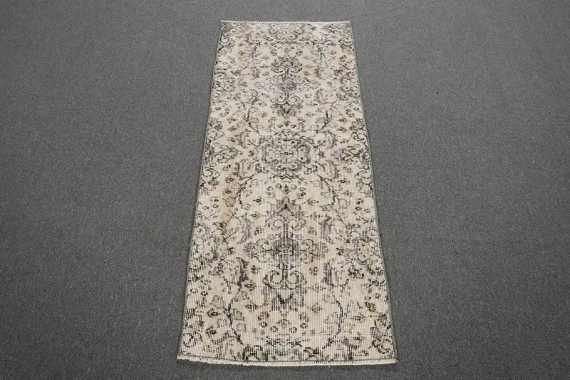 Vintage Oushak Small Rug 1.8x4.4 ft (55x135 cm), Turkish Gray Solid Wool Rug - 1