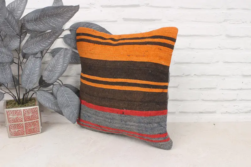 Outdoor Patio Pillow Case, Vintage Pillow, Vintage Kilim Throw Pillow, Pillow Cover, Pet Pillow Sham, Boho Pillow Sham Cover, 16x16 Orange Pillow - 4