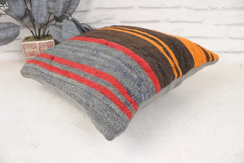 Outdoor Patio Pillow Case, Vintage Pillow, Vintage Kilim Throw Pillow, Pillow Cover, Pet Pillow Sham, Boho Pillow Sham Cover, 16x16 Orange Pillow - 6