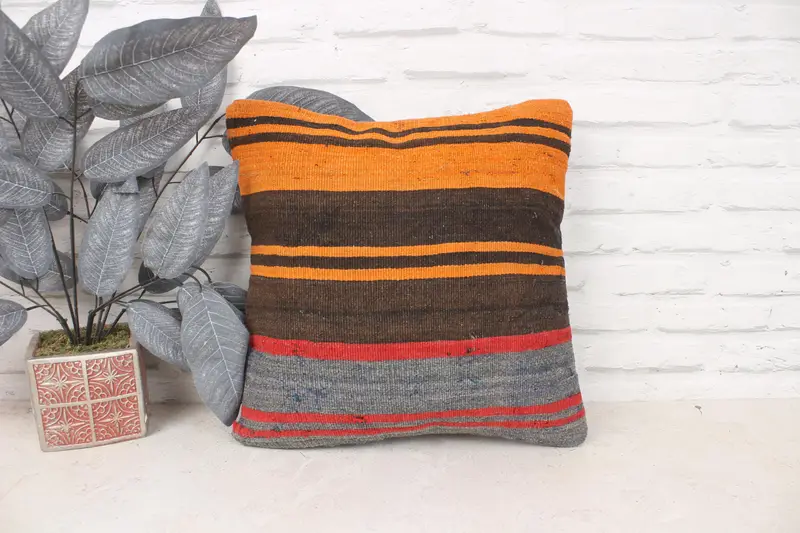 Outdoor Patio Pillow Case, Vintage Pillow, Vintage Kilim Throw Pillow, Pillow Cover, Pet Pillow Sham, Boho Pillow Sham Cover, 16x16 Orange Pillow - 1