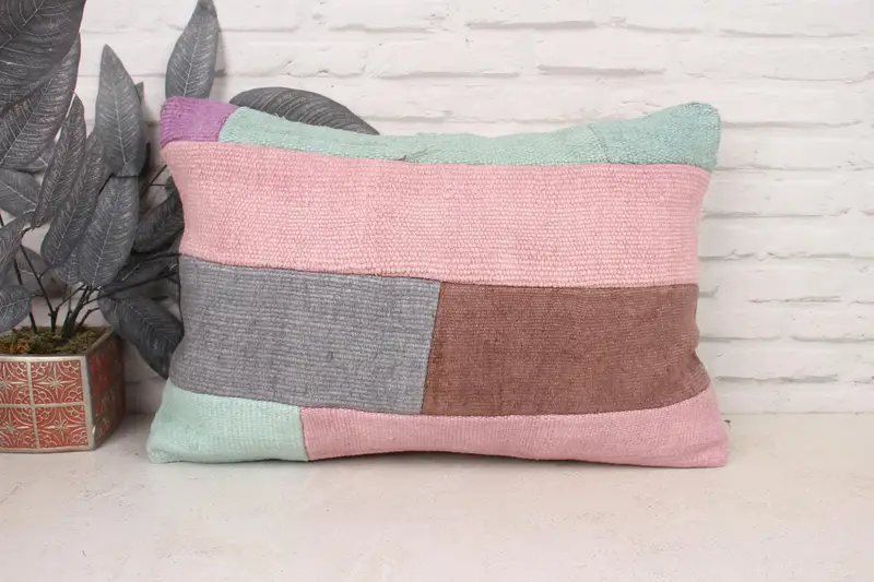 Handmade Kilim Cushion, Pillow Sham, 16x24 Pink Pillow Cover, Floor Pillow Sham, Boho Pillow Sham Cover, Kilim Cushion Sham - 1