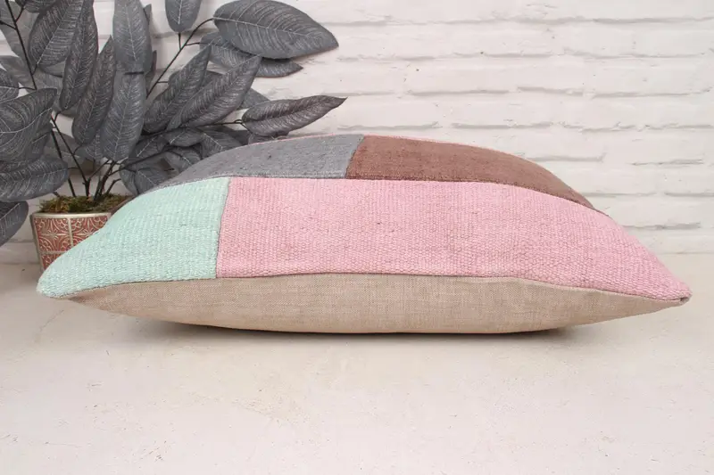 Handmade Kilim Cushion, Pillow Sham, 16x24 Pink Pillow Cover, Floor Pillow Sham, Boho Pillow Sham Cover, Kilim Cushion Sham - 5