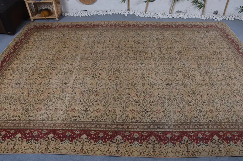 Elegant Beige & Red Rug, 8.3x11.9 ft Nature-Inspired Design